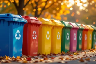 Színes szelektív kukák sorakoznak egy parkban, őszies környezetben.
