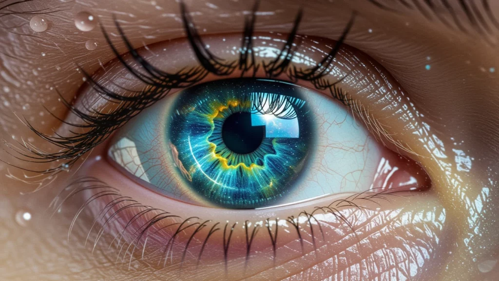 Egy részletes, közelről készült emberi szem, csillagokkal és galaxisokkal a pupillában.