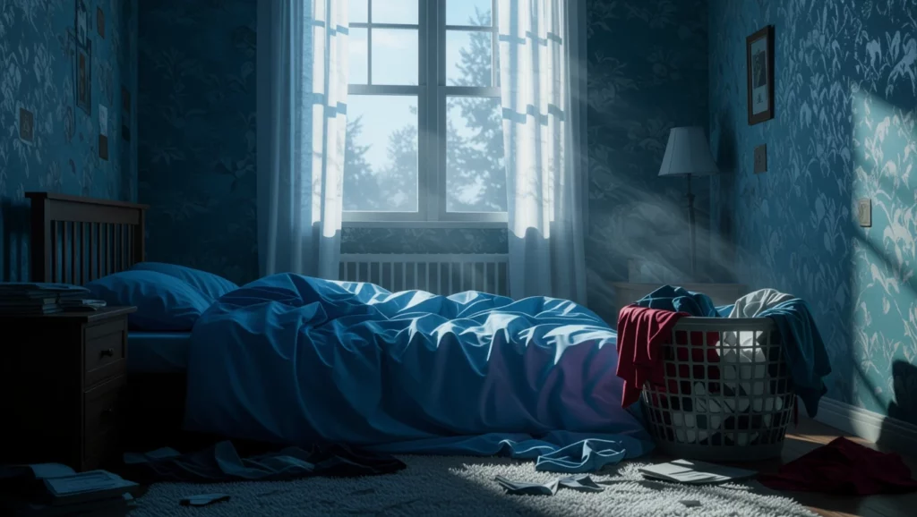Egy rendetlen hálószoba, ágyban gyűrt takaró és kosárban szennyes ruhák.
