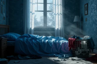 Egy rendetlen hálószoba, ágyban gyűrt takaró és kosárban szennyes ruhák.