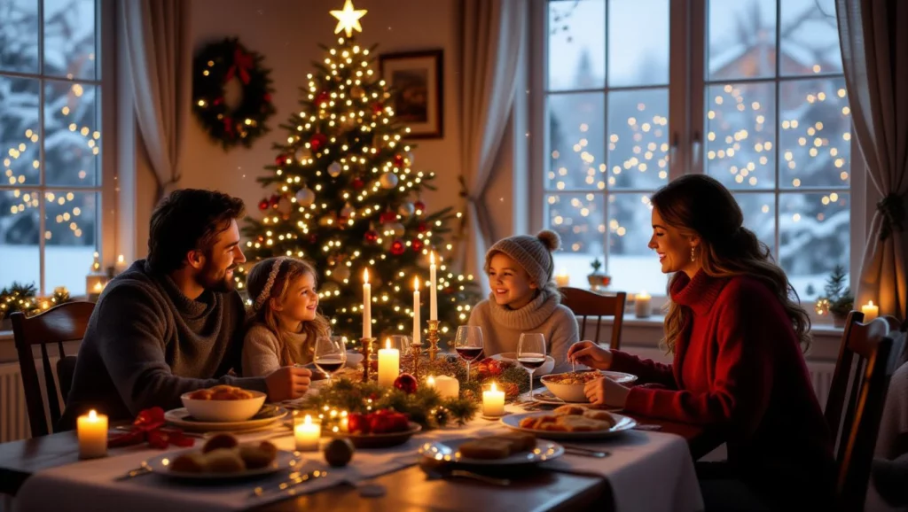 Egy család ünnepi vacsorát ül egy gyönyörűen díszített karácsonyfával.