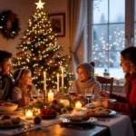 Egy család ünnepi vacsorát ül egy gyönyörűen díszített karácsonyfával.