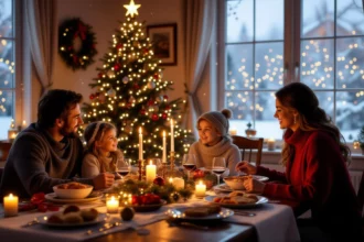 Egy család ünnepi vacsorát ül egy gyönyörűen díszített karácsonyfával.