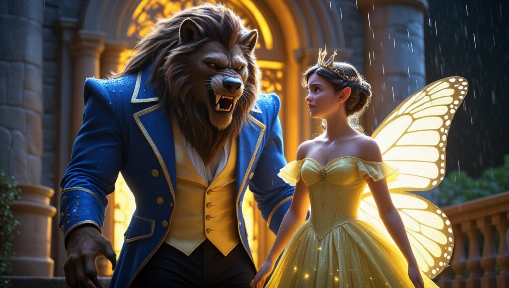 A Szépség és a Szörnyeteg jelenete, ahol a szörny és a szépség egymásra néznek, háttérben csillogó kastélylátvány.