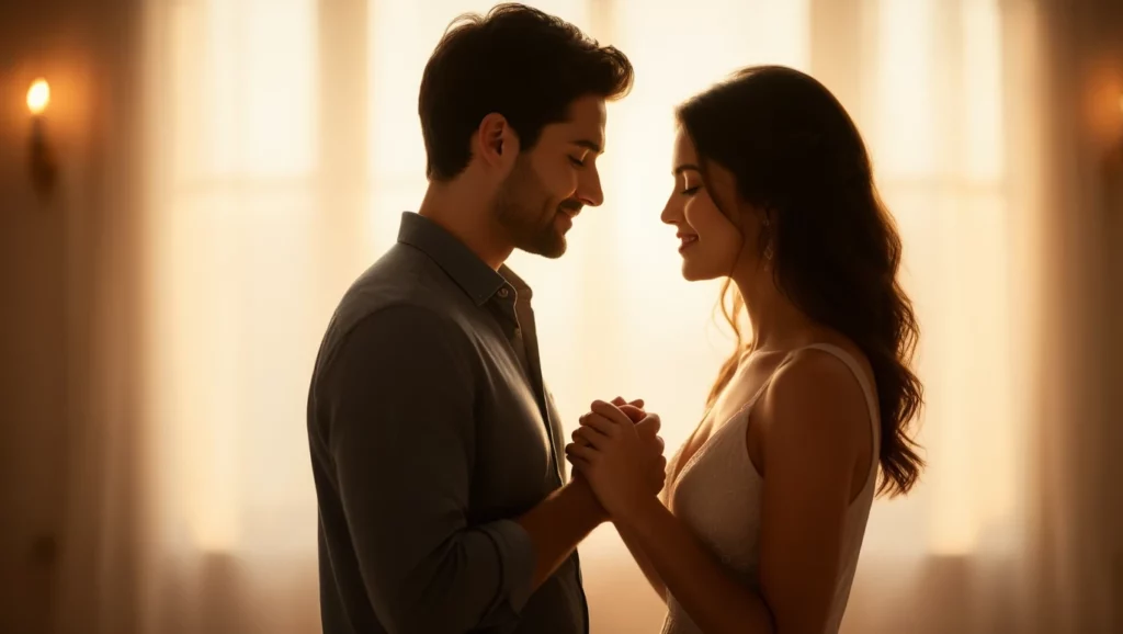 Ez a romantikus pillanat az érzelmi kapcsolatok mélységét szimbolizálja, amelyeket az álmokban is gyakran keresünk.