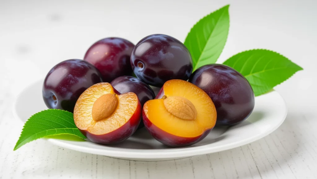 Friss, lédús szilvák egy tányéron, zöld levelekkel körítve.