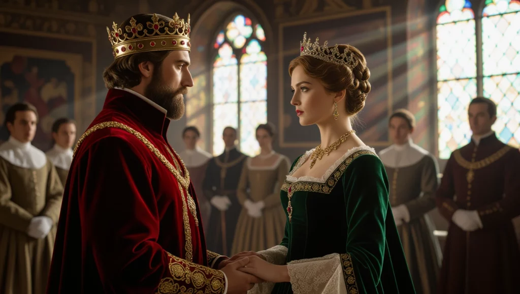 Két színész egy történelmi drámában, királyi öltözékben, érzelmes pillanatot átélve, háttérben más szereplőkkel.