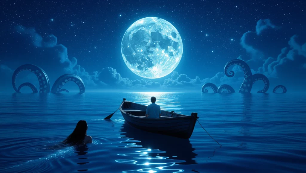 Egy férfi csónakban ül a sötét vízen, miközben egy szirén úszik a háttérben, a telihold fénye világítja meg a tájat.