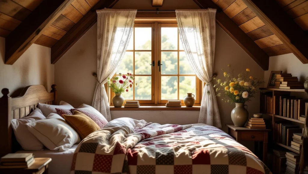 Egy hangulatos szoba, ágy, könyvek és virágok a párkányon, napfényben.