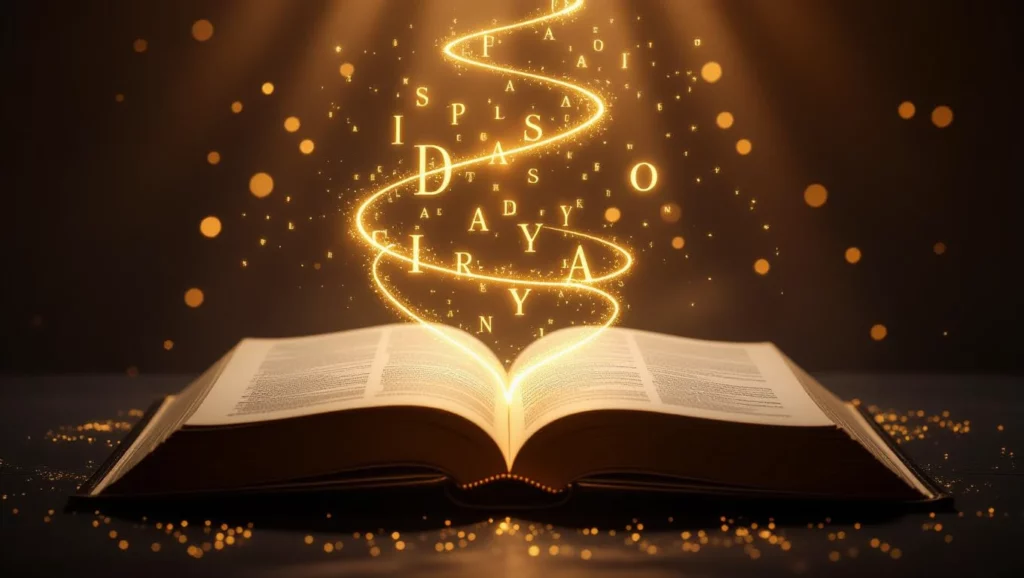 Nyitott könyv, amelyből aranyszínű betűk és szavak szállnak fel, szimbolizálva az álomfejtést és a tudatalatti üzeneteket.