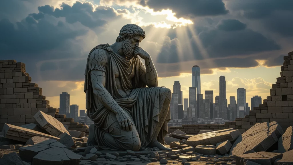 Egy gondolkodó szobor ül egy romos város szélén, a háttérben felhős ég és napfény.