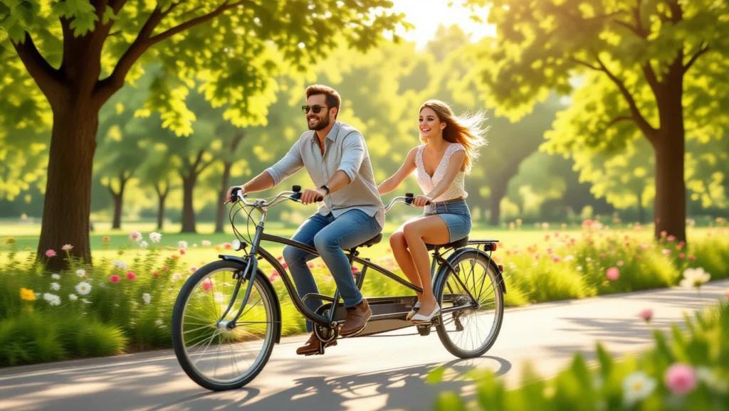 Két ember, egy férfi és egy nő, tandem biciklin tekernek egy napfényes parkban, körülöttük virágok és zöld fák.