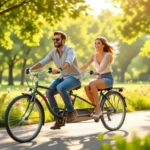 Két ember, egy férfi és egy nő, tandem biciklin tekernek egy napfényes parkban, körülöttük virágok és zöld fák.