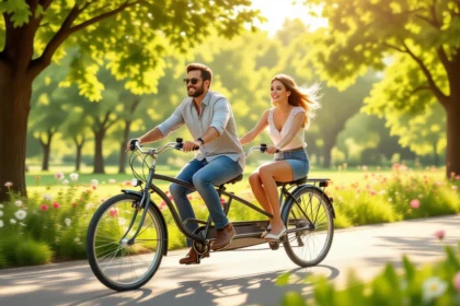Két ember, egy férfi és egy nő, tandem biciklin tekernek egy napfényes parkban, körülöttük virágok és zöld fák.