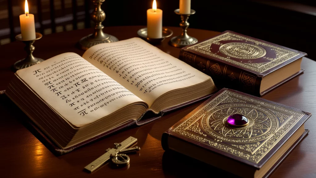 Nyitott könyv matematikai szimbólumokkal, gyertyák és díszes könyvek mellett, az álomfejtés témájához kapcsolódva.