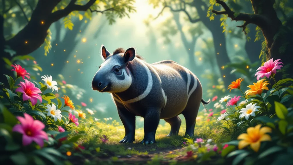 Egy tapír áll a zöld erdőben, virágok között, napsugarak világítanak rá.