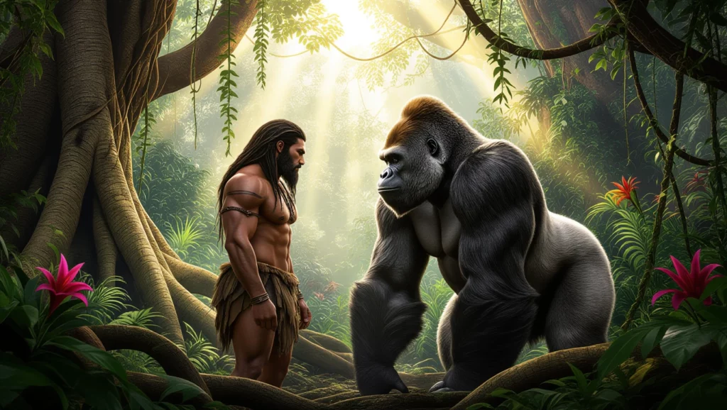 Tarzan, a dzsungelben áll egy gorillával, a napfény átszűrődik a fák között, ami a természet közelségét szimbolizálja.