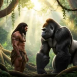 Tarzan, a dzsungelben áll egy gorillával, a napfény átszűrődik a fák között, ami a természet közelségét szimbolizálja.