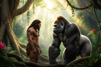 Tarzan, a dzsungelben áll egy gorillával, a napfény átszűrődik a fák között, ami a természet közelségét szimbolizálja.