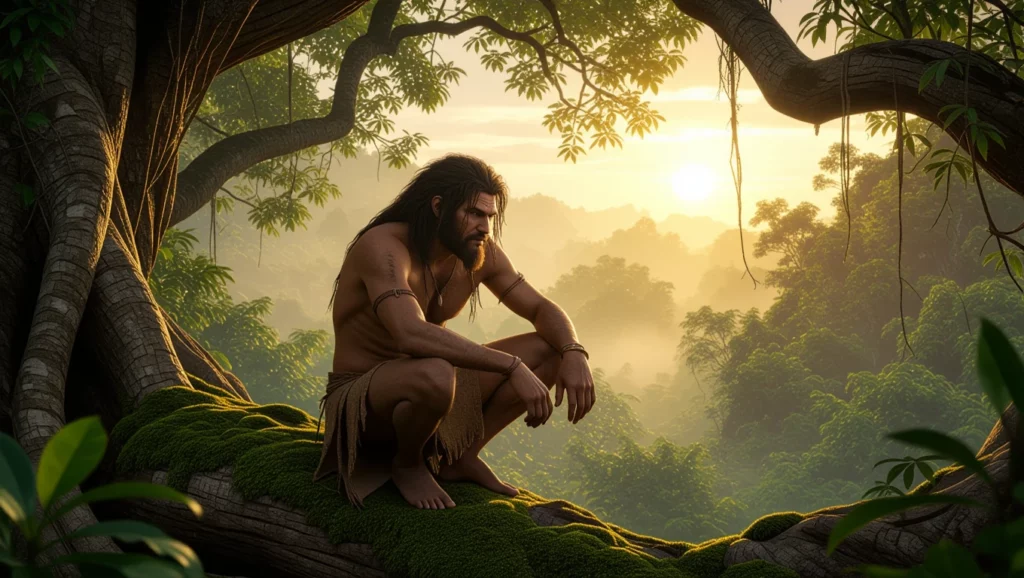 Tarzan egy fán ülve, körülötte buja zöld természet, a naplemente fényei a háttérben.