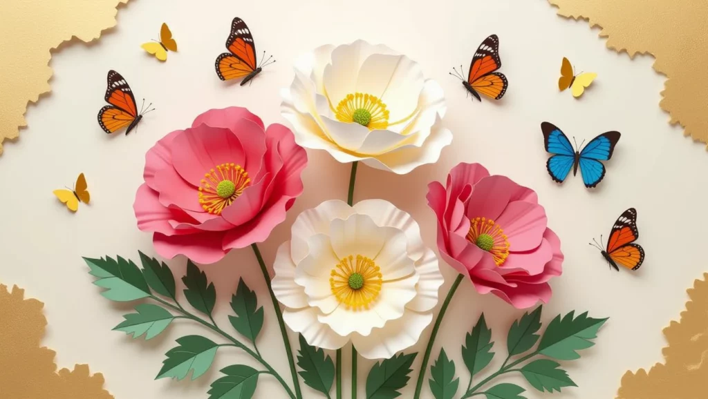 Tavaszi virágok és pillangók álomszerű látványa, a megújulás és a szépség szimbóluma.