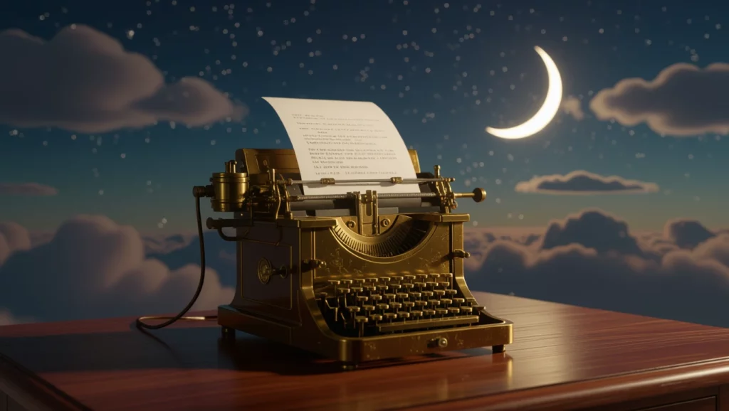 Egy régi írógép áll egy asztalon, mellette egy kinyomtatott üzenet, a háttérben csillagok és hold látható.