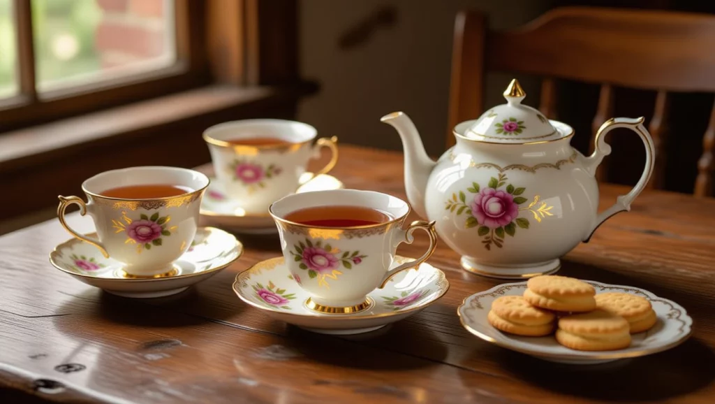 Elegáns teáskészlet és sütemények egy fából készült asztalon, világos, barátságos környezetben.