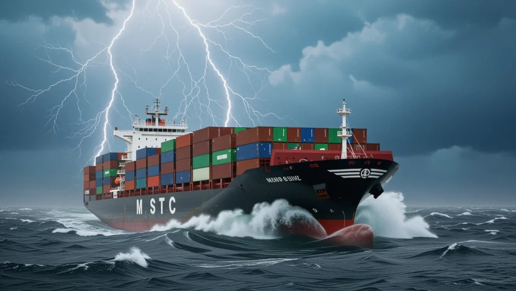 Egy teherhajó viharos tengeren, villámokkal az égen, hatalmas konténerekkel terhelve.