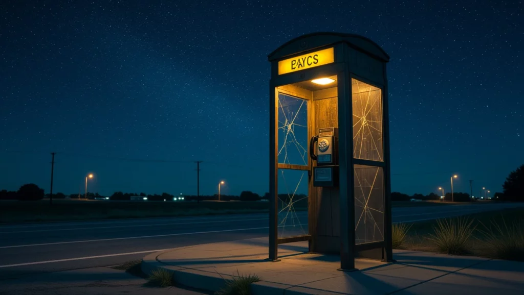 Egy üres telefonfülke éjszaka, világító lámpával és csillagos háttérrel.