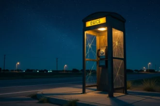 Egy üres telefonfülke éjszaka, világító lámpával és csillagos háttérrel.