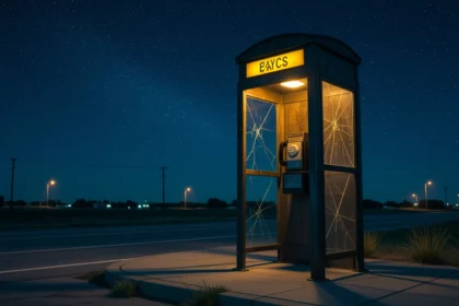 Egy üres telefonfülke éjszaka, világító lámpával és csillagos háttérrel.