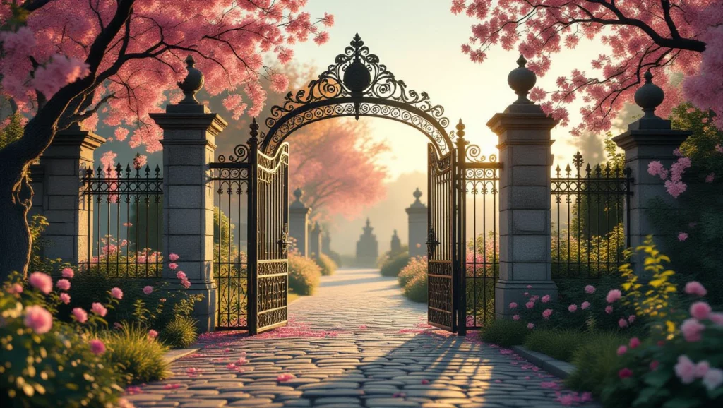 Egy gyönyörű, virágzó fákkal szegélyezett temetőkapu, amely a nyugalom és az új kezdetek szimbóluma.