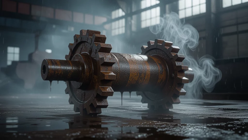 Rozsdás tengely egy ipari környezetben, vízcseppek és füsttel körülvéve.