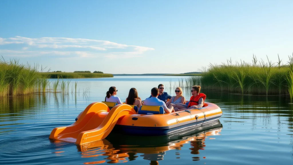 A vízen ringatózó csónakban ülő barátok vidám pillanatai, a nyári élmények szimbolizálják az együttlét örömét.