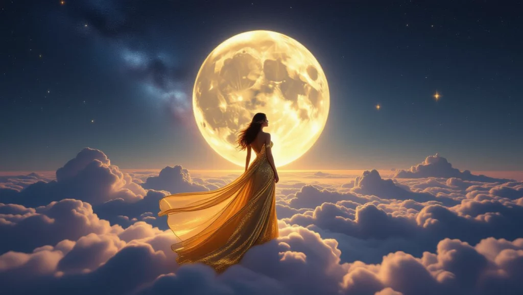 Egy nő áll a felhők között, mögötte ragyogó telihold világít, ami az érzelmi kiteljesedést és új kezdeteket szimbolizálja.