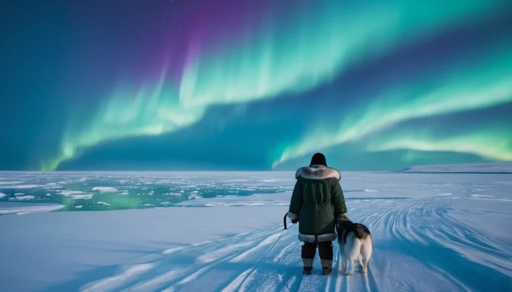 Egy személy és kutyája áll a havas tájon, háttérben északi fényekkel.