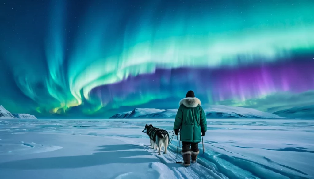 Egy eszkimó és kutyája sétál a hóban, felettük északi fény ragyog.