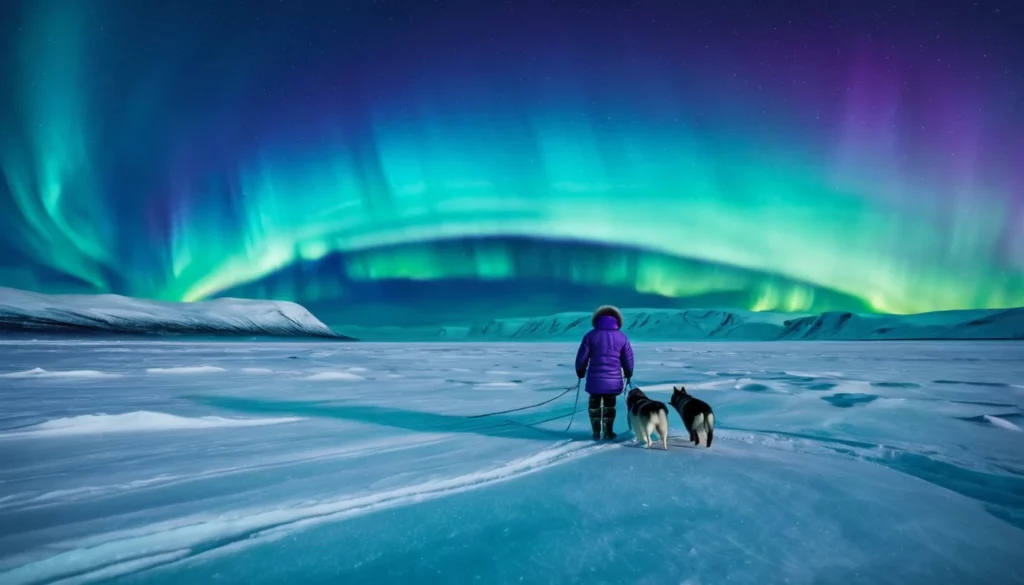 Egy ember és két kutya áll a hóval borított tájon, felettük északi fény ragyog.