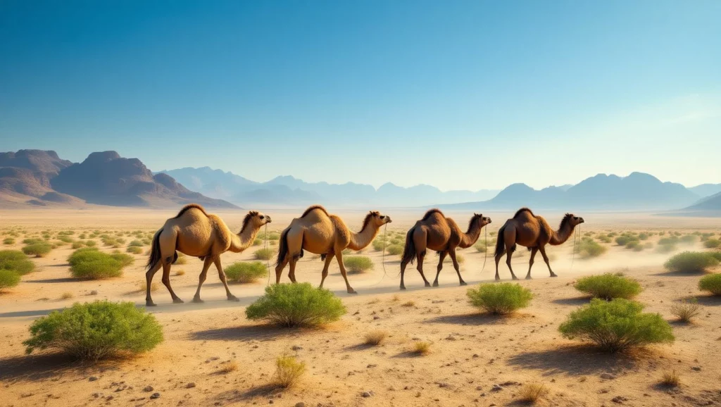 A tevecsoport a sivatagban utazik, az álom a kitartás és a célok elérésének szimbóluma.