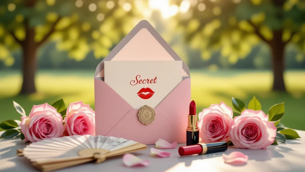 Egy titkos üzenetet rejtő rózsaszín boríték, rózsák és rúzsok társaságában, álmaink vágyait tükrözi.