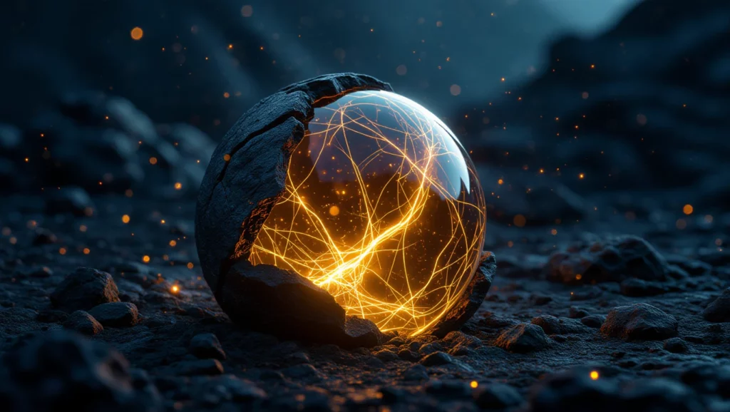 Egy titokzatos, fénylő gömb látható, amelyet sötét, sziklás környezet vesz körül, sugárzó energiával.