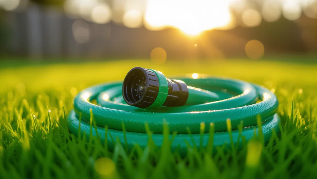 Zöld tömlő, amely a fűben hever, a napfény csillogásában.