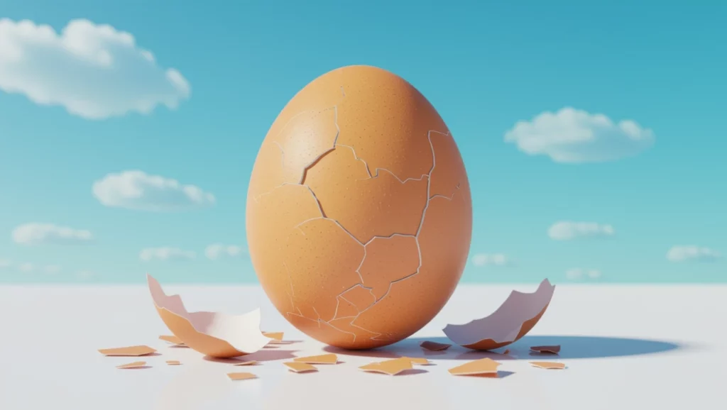 Egy törött tojás, amely körül tojásdarabok hevernek, egy világoskék háttér előtt.