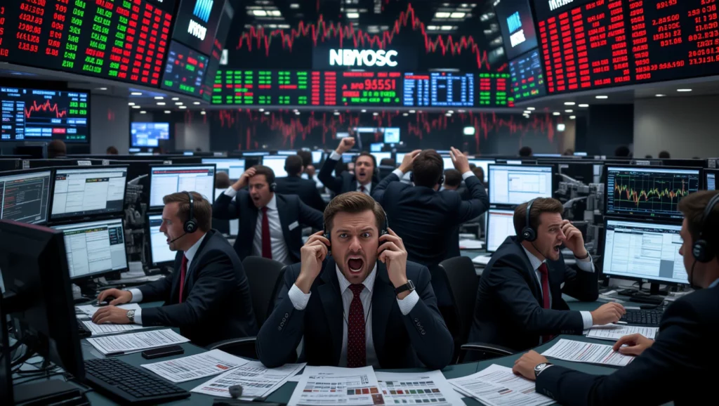 A tőzsdén pánikhelyzet, a befektetők feszülten reagálnak a piaci ingadozásokra.