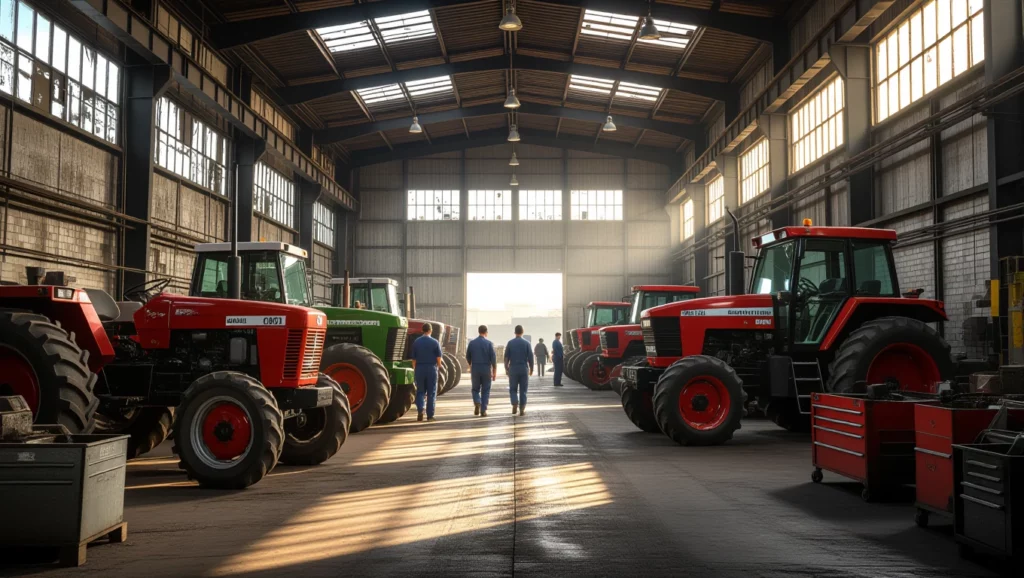 A traktorgyár belső tere, ahol különböző traktorok sorakoznak, emberek dolgoznak.