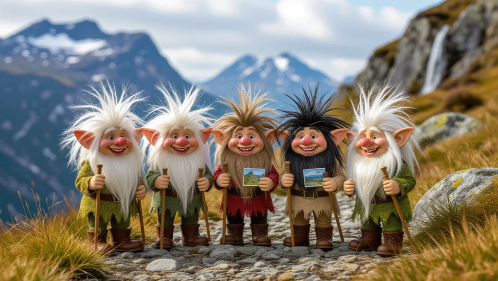 Öt színes troll figura áll a hegyek között, mindegyik mosolygós arccal és különböző ruhákban, kezükben képekkel.
