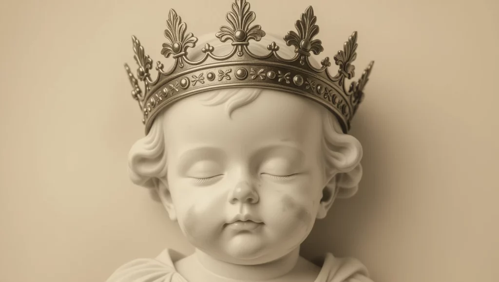 A korona alatt alvó gyermek arca, a hatalom és ártatlanság szimbóluma, álmainkban a felelősség és a védelem érzését kelti.