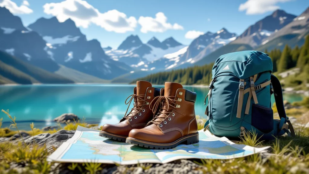 Két túrabakancs egy térkép mellett, háttérben hegyek és tó látható.