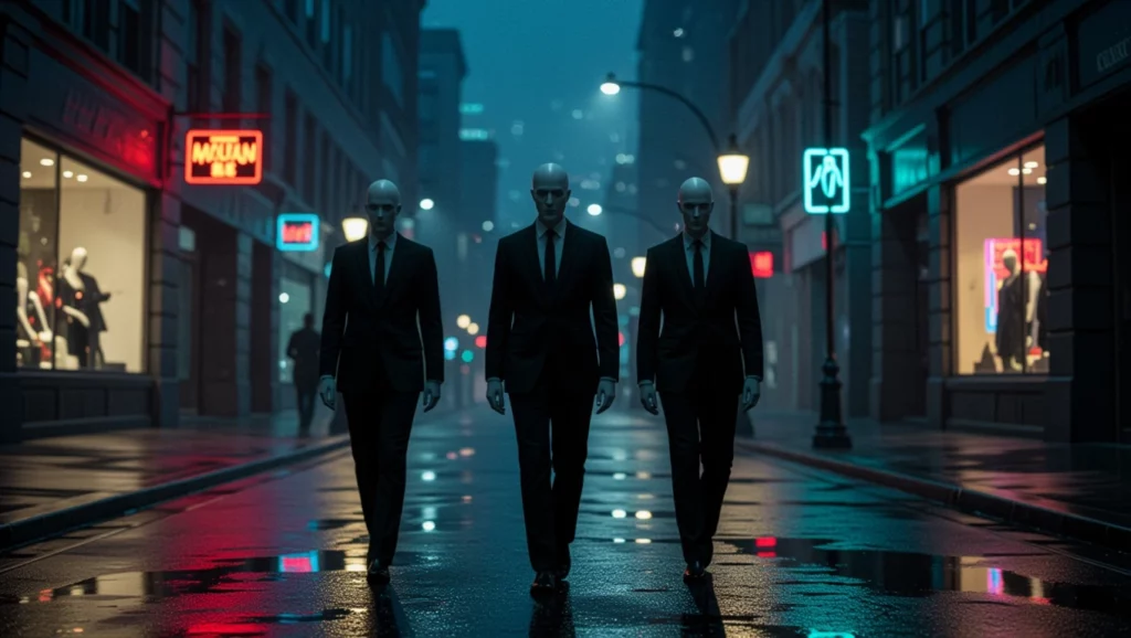Három öltönyös figura sétál az üres utcán, titokzatos hangulatban.