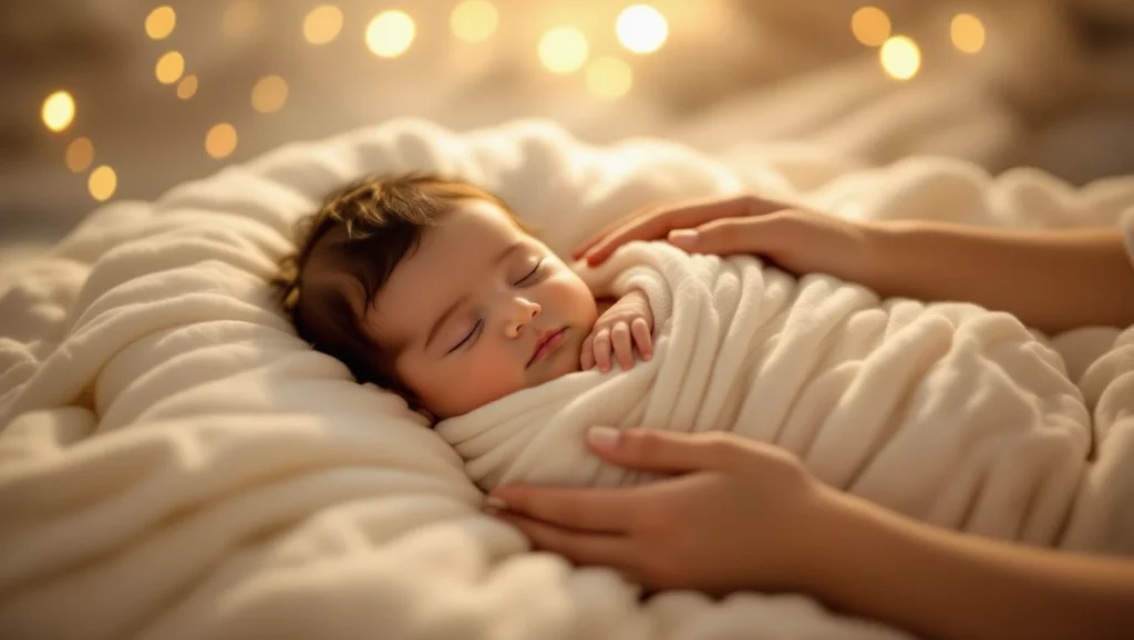 Egy álmos újszülött pihen egy puha takaró alatt, lágy fényekkel körülvéve.